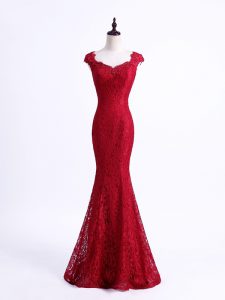 Sleeveless Floor Length Lace Lace Up Formal Evening Gowns with Red