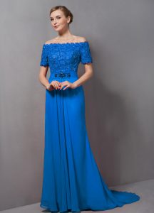 Trendy Off The Shoulder Short Sleeves Chiffon Mother of Groom Dress Lace Sweep Train Zipper