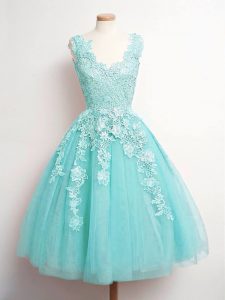 A-line Bridesmaid Dress Aqua Blue V-neck Tulle Sleeveless Knee Length Lace Up