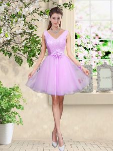 Colorful Lilac A-line Tulle V-neck Sleeveless Lace and Belt Knee Length Lace Up Quinceanera Court Dresses