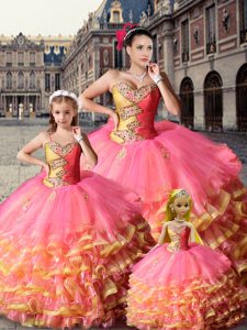 Beading and Ruffled Layers Quinceanera Dress Coral Red Lace Up Sleeveless Floor Length