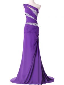 Elegant Purple One Shoulder Lace Up Beading and Ruching Womens Evening Dresses Brush Train Sleeveless