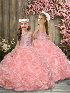 High Class Pink Ball Gowns Beading and Pick Ups Child Pageant Dress Lace Up Organza Sleeveless Floor Length