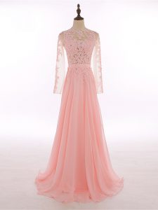Nice Peach Sleeveless Floor Length Lace and Appliques Zipper Juniors Evening Dress