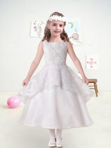 Discount White Ball Gowns Lace and Belt Flower Girl Dress Zipper Organza and Lace Sleeveless Tea Length