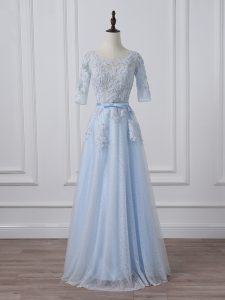 Light Blue Silk Like Satin Lace Up Mother of Bride Dresses 3 4 Length Sleeve Beading and Lace and Appliques