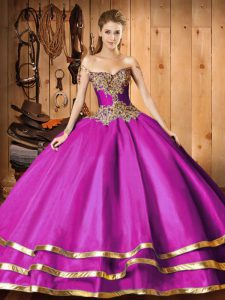 Organza Off The Shoulder Long Sleeves Sweep Train Lace Up Beading and Ruffled Layers Sweet 16 Dresses in Fuchsia