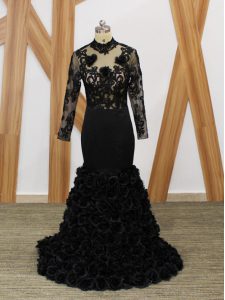 Beading and Lace and Appliques and Hand Made Flower Mother of Groom Dress Black Backless Long Sleeves Brush Train