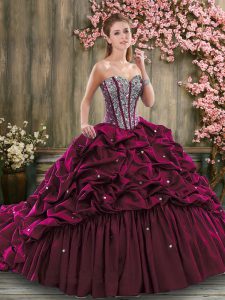 Attractive Burgundy Taffeta Lace Up Sweetheart Sleeveless Quince Ball Gowns Brush Train Beading and Pick Ups