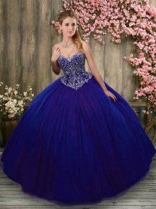 Designer Sleeveless Tulle Floor Length Lace Up Vestidos de Quinceanera in Royal Blue with Beading