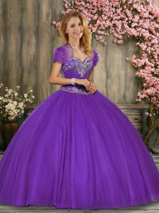 Sweet Eggplant Purple Sweetheart Neckline Beading Quince Ball Gowns Sleeveless Lace Up