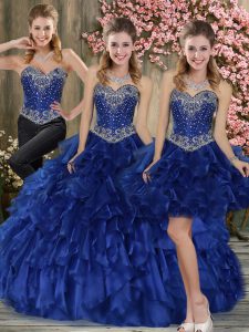 Ball Gowns Quinceanera Dresses Blue Sweetheart Organza Sleeveless Floor Length Lace Up