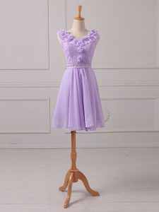 Lavender Sleeveless Mini Length Lace and Appliques Lace Up Quinceanera Dama Dress