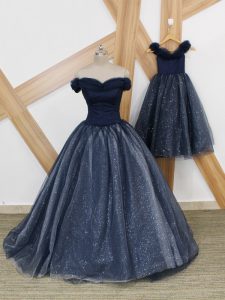 Artistic Navy Blue Tulle Lace Up Off The Shoulder Sleeveless Evening Dress Brush Train Ruching