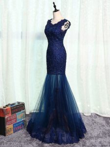 Unique Navy Blue Zipper Scoop Beading and Lace and Appliques Mother of the Bride Dress Tulle Sleeveless