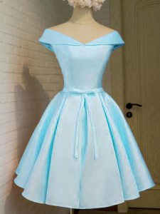Most Popular Knee Length Aqua Blue Court Dresses for Sweet 16 Off The Shoulder Cap Sleeves Lace Up
