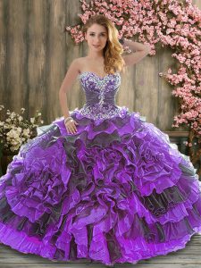 Flirting Black And Purple Ball Gowns Organza Sweetheart Sleeveless Beading and Ruffles Floor Length Lace Up Sweet 16 Dre