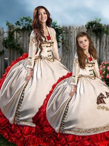 Pretty Embroidery and Ruffles Sweet 16 Dress White And Red Lace Up Long Sleeves Brush Train