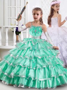 Sweet Floor Length Lace Up Pageant Gowns For Girls Apple Green for Party and Wedding Party with Beading and Ruffled Laye