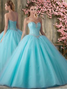 Top Selling Aqua Blue Sleeveless Floor Length Beading Lace Up Sweet 16 Dress