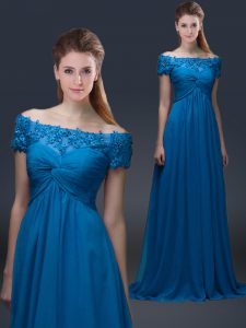 Beautiful Short Sleeves Lace Up Floor Length Appliques Mother Dresses