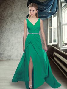 Custom Made Green Bridesmaid Dresses V-neck Sleeveless Brush Train Zipper