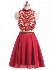 Beautiful Mini Length Backless Evening Dress Red for Prom and Party and Military Ball with Beading