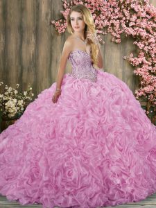 Fabric With Rolling Flowers Sweetheart Sleeveless Brush Train Lace Up Beading Sweet 16 Quinceanera Dress in Rose Pink