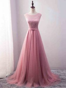 Pink Prom Dresses Scoop Sleeveless Brush Train Zipper