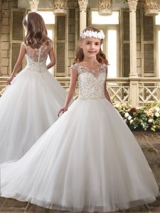 Dynamic Cap Sleeves Sweep Train Clasp Handle Beading and Lace Flower Girl Dress