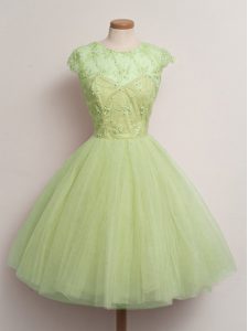 High End Knee Length Lace Up Damas Dress Yellow Green for Prom and Party and Wedding Party with Lace