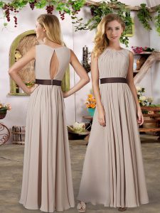 Affordable Champagne Empire Chiffon Scoop Sleeveless Ruching Floor Length Zipper Wedding Guest Dresses