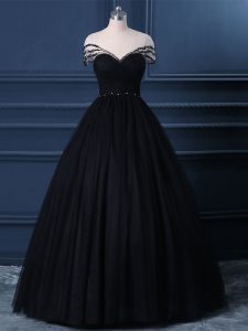 Floor Length Side Zipper Evening Wear Black for Prom and Party with Beading