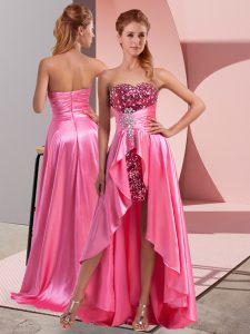 Adorable Sleeveless High Low Beading and Sequins and Ruching Zipper Prom Evening Gown with Rose Pink