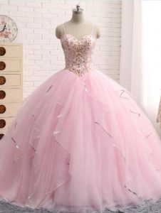 Ball Gowns Sleeveless Baby Pink Ball Gown Prom Dress Brush Train Lace Up