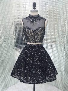 Superior Black Sequined Backless High-neck Sleeveless Mini Length Dress for Prom Beading and Lace and Appliques