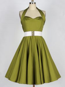 Fantastic Olive Green A-line Belt Quinceanera Dama Dress Lace Up Taffeta Sleeveless Knee Length