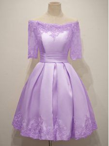 Short Sleeves Lace Up Knee Length Lace Quinceanera Court Dresses