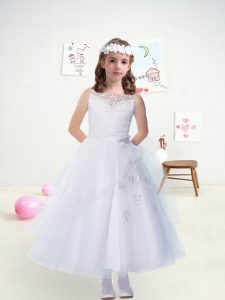 Low Price White Tulle Zipper Scoop Sleeveless Ankle Length Toddler Flower Girl Dress Appliques and Ruffles