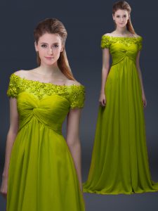 Olive Green A-line Appliques Mother of the Bride Dress Lace Up Satin Short Sleeves Floor Length