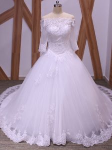 White Half Sleeves Tulle Brush Train Backless Wedding Gown for Wedding Party