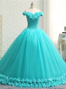 Tulle Sleeveless Quinceanera Gown Court Train and Hand Made Flower