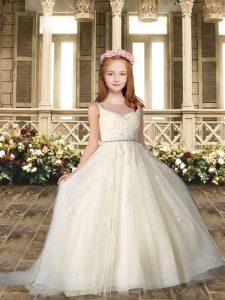 Ball Gowns Sleeveless White Flower Girl Dresses Sweep Train Clasp Handle