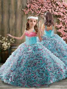 Popular Fabric With Rolling Flowers Straps Sleeveless Brush Train Lace Up Beading Girls Pageant Dresses in Multi-color
