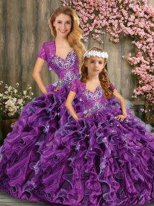 Black And Purple Ball Gowns Organza Sweetheart Sleeveless Beading and Ruffles Floor Length Lace Up Ball Gown Prom Dress
