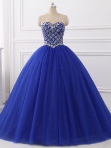 Royal Blue Sleeveless Beading Floor Length Sweet 16 Quinceanera Dress