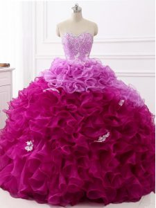 Sleeveless Brush Train Beading and Appliques and Ruffles Lace Up 15th Birthday Dress