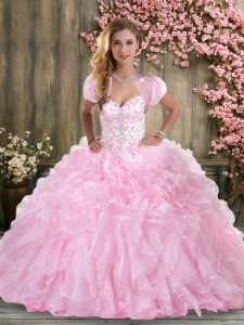 Glamorous Beading and Ruffles Sweet 16 Quinceanera Dress Rose Pink Lace Up Sleeveless Floor Length