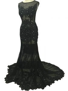 Side Zipper Mother of Bride Dresses Black for Prom and Military Ball and Beach with Beading and Lace and Appliques Brush