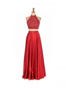 Red Elastic Woven Satin Backless Evening Dress Sleeveless Floor Length Beading